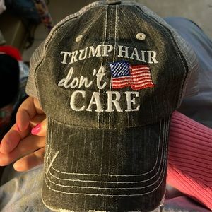 Trump Hair Don’t Care Flag Cap Distressed Denim Mesh Strap Back Adjustable
